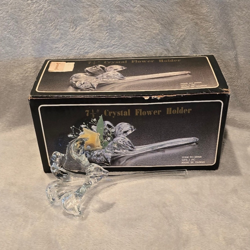 Vintage Crystal Flower Holder Bud Vase 7.5" Glass Taiwan Original Box Floral